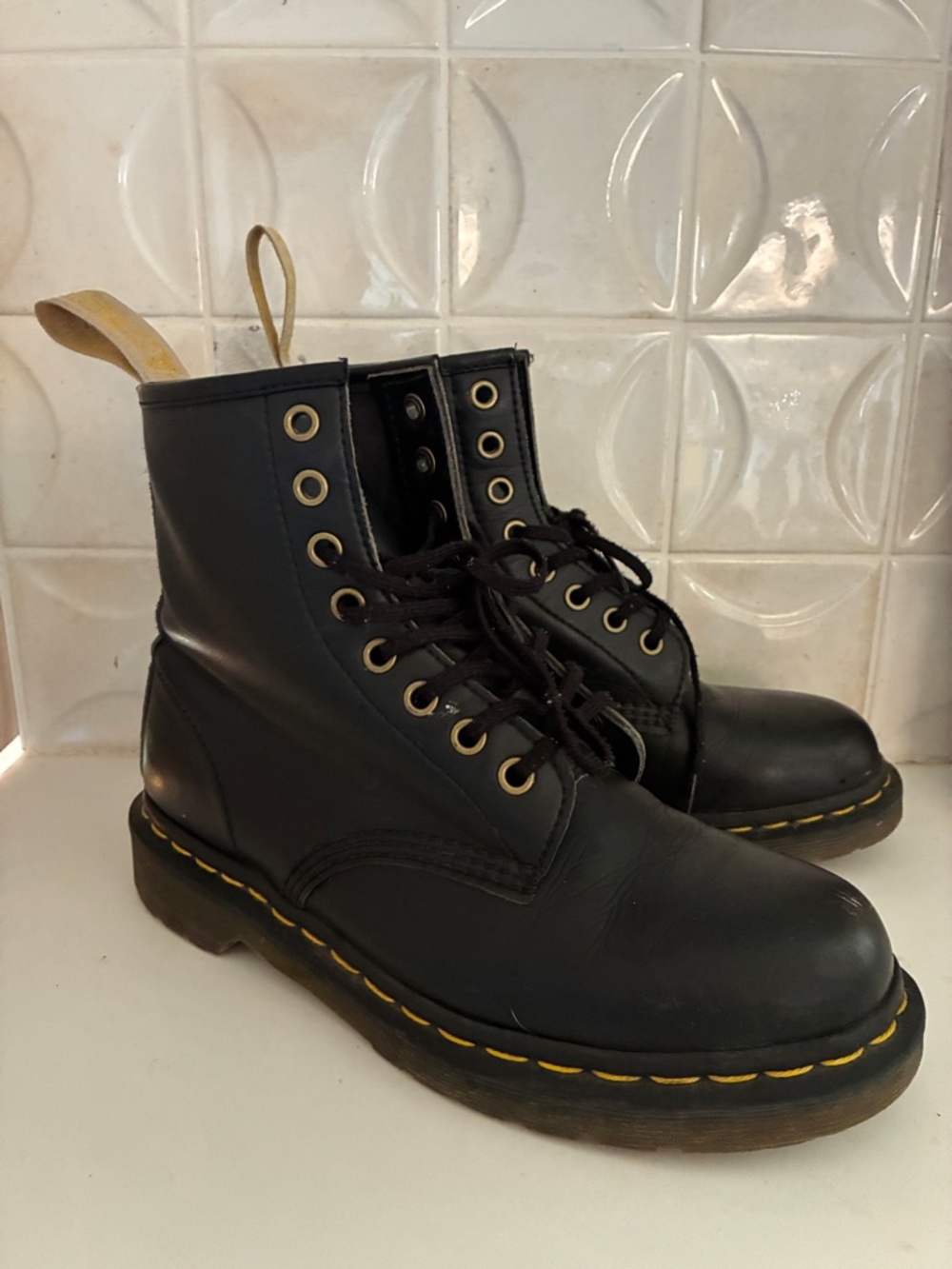 Dr. Martens Black Leather Lace-Up Combat Boots with Yellow Stitching